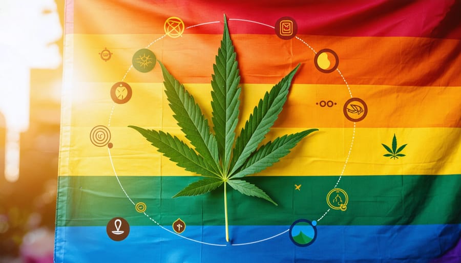 Conceptual illustration of a CBD leaf combined with LGBTQIA+ pride symbols, surrounded by serene imagery representing holistic self-care and unity.