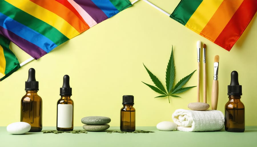 Various CBD products including oils, creams, and capsules displayed alongside pride flags and wellness accessories
