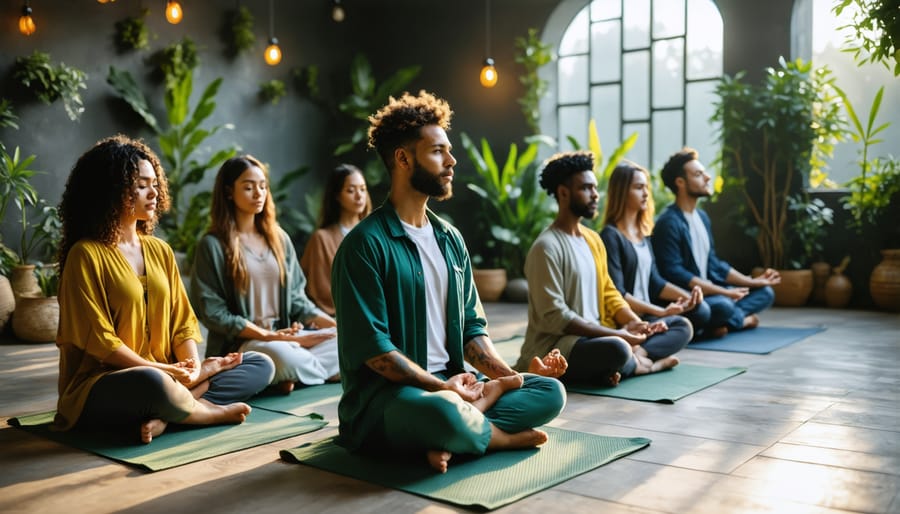 Diverse group of people practicing mindfulness and wellness activities with CBD products