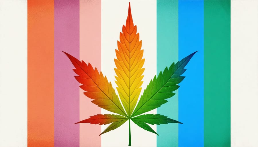 Artistic illustration combining a CBD leaf with LGBTQIA+ pride symbols in rainbow colors