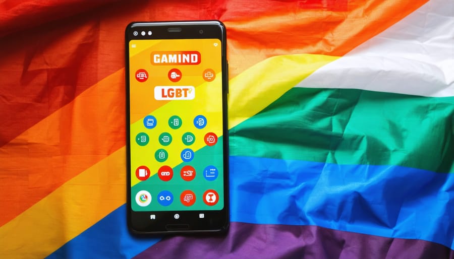 A smartphone screen showing various gambling apps next to a rainbow pride flag, representing the intersection of LGBTQIA+ identity and online gambling experiences.