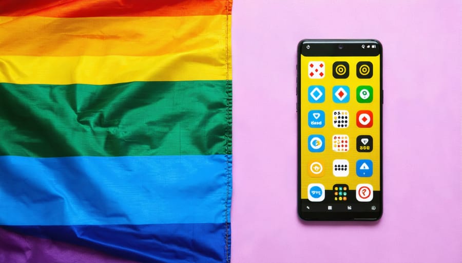 Mobile phone displaying gambling applications alongside a rainbow pride flag